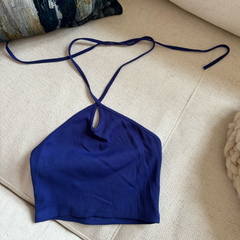 Zara Deep Blue Ribbed Tie Neck Crop Top